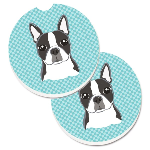 Carolines Treasures Checkerboard Blue Boston Terrier Cup Holder Car Coaster, PK2 BB1141CARC - main